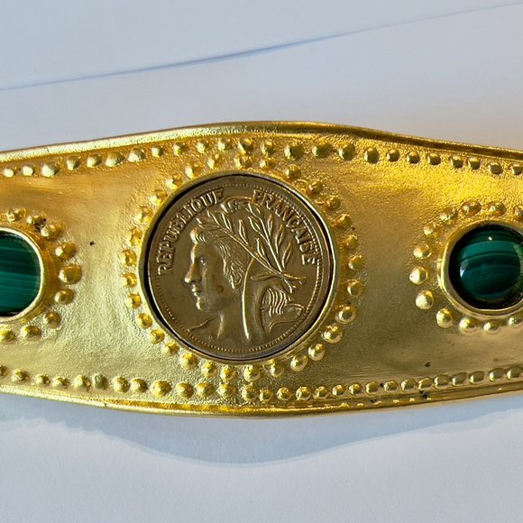 Vintage Faux Gold and Malachite Embellished Barrette With French Coin main image 4
